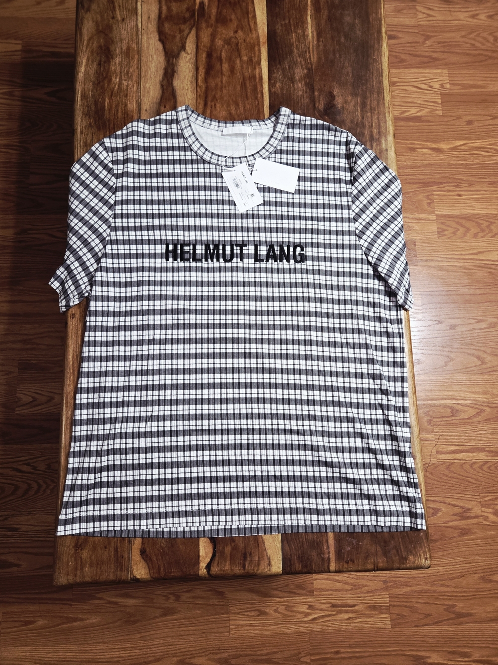 Helmut Lang Men's Gray & White Digital Check Logo T-Shirt. Size Large